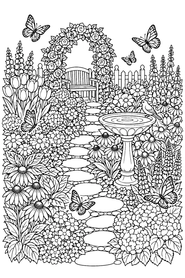 Coloriage détaillé d’un jardin aux papillons sous une arche