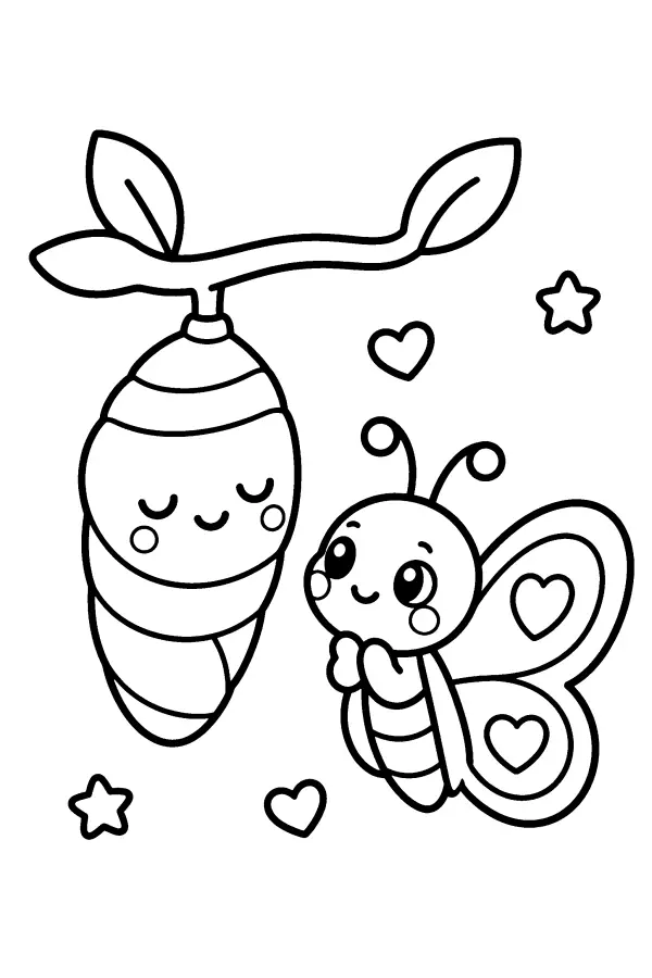 Coloriage facile d’une chrysalide et d’un papillon