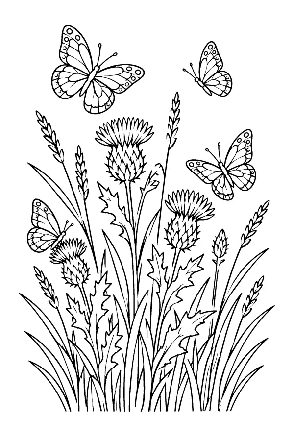 Dessin à colorier de papillons dans une prairie de chardons