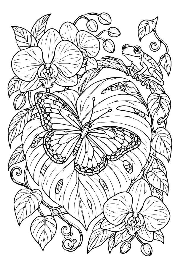 Coloriage détaillé d’un papillon sur une feuille tropicale