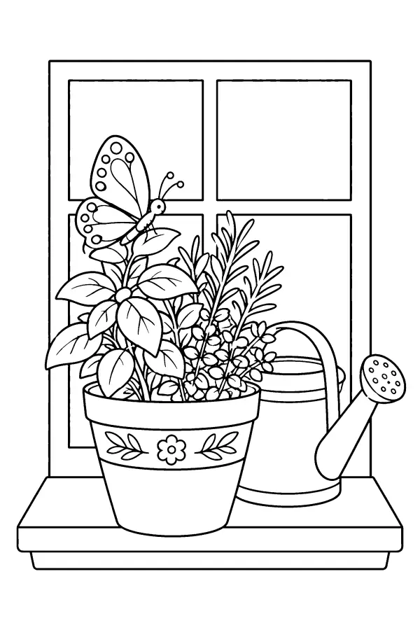 Coloriage d’un papillon sur un pot d’herbes