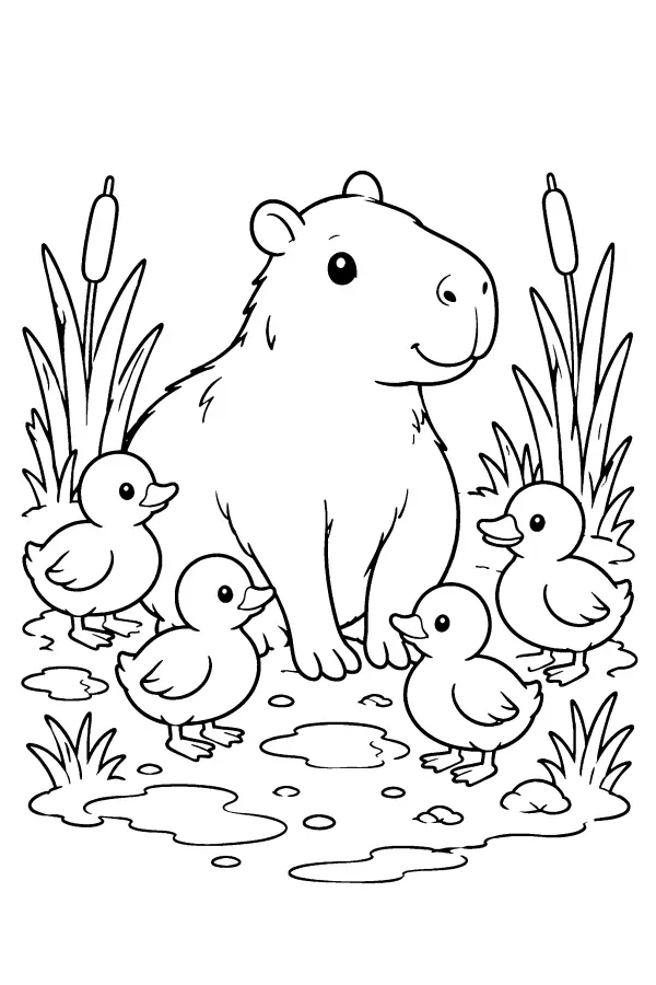 Capybara And Ducklings