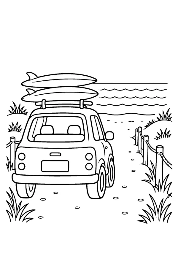 Coloriage d’une voiture avec planches au bord de plage