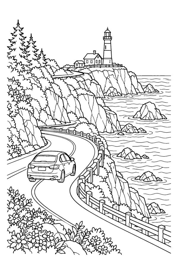 Coloriage détaillé d’une voiture sur une route de falaise