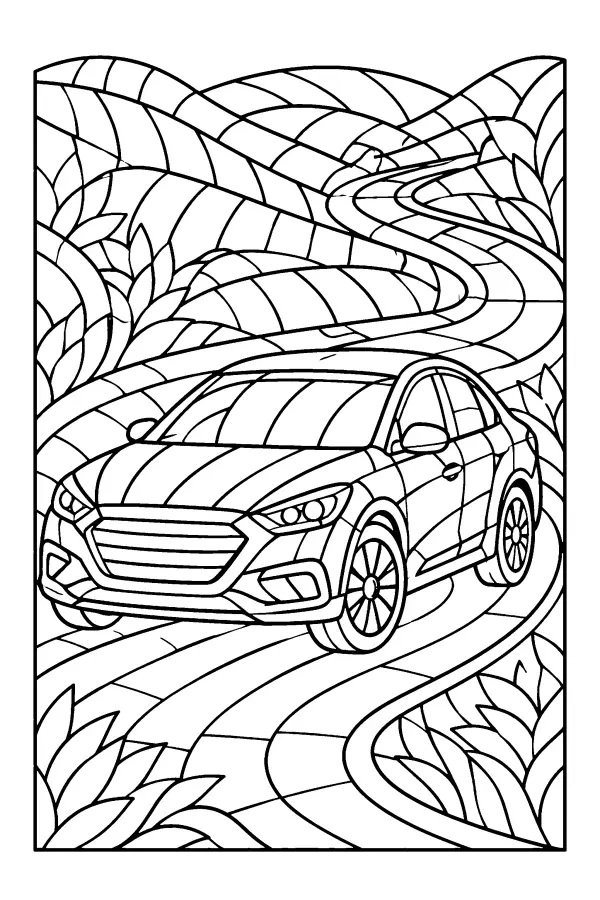 Coloriage détaillé d’une voiture sur une route en mosaïque