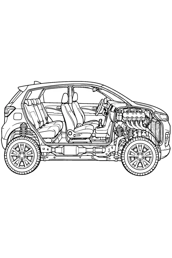 Coloriage détaillé d’une coupe intérieure de voiture