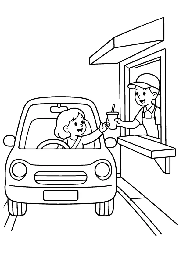 Coloriage d’une voiture au drive recevant une boisson
