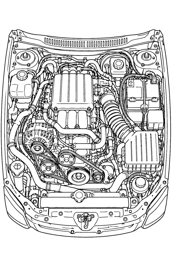 Dessin à colorier du moteur d’une voiture vu du dessus