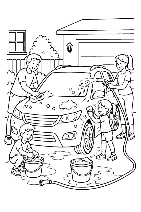 Coloriage d’une famille lavant une voiture