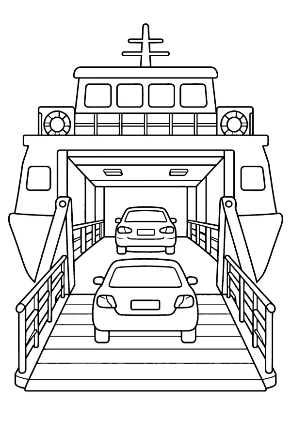 Coloriage de voitures montant sur un ferry