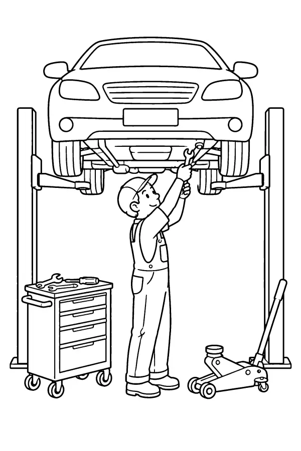 Coloriage d’une voiture en réparation sur un pont