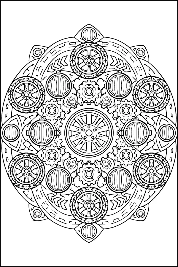 Coloriage détaillé mandala de pièces de voiture