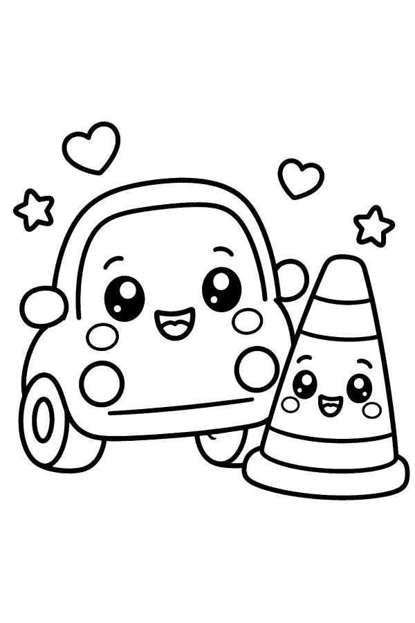 Dessin à colorier d’une voiture et d’un cône souriants