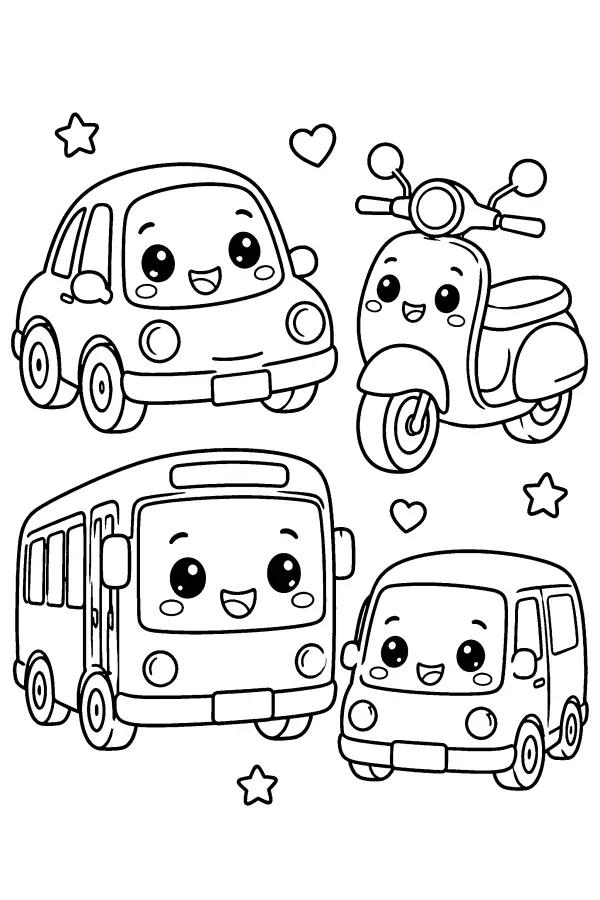Coloriage de véhicules kawaii dont une voiture