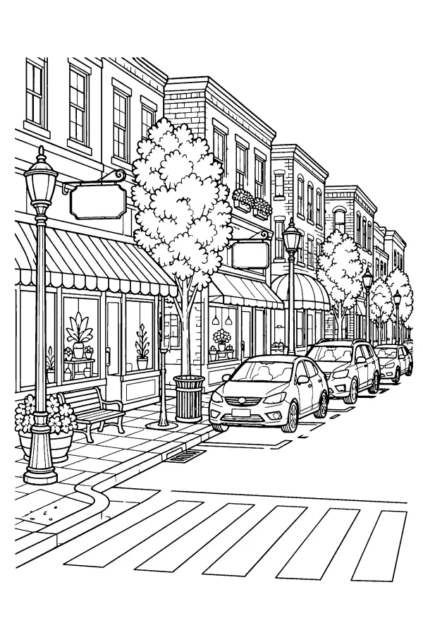 Coloriage détaillé de voitures garées en centre-ville