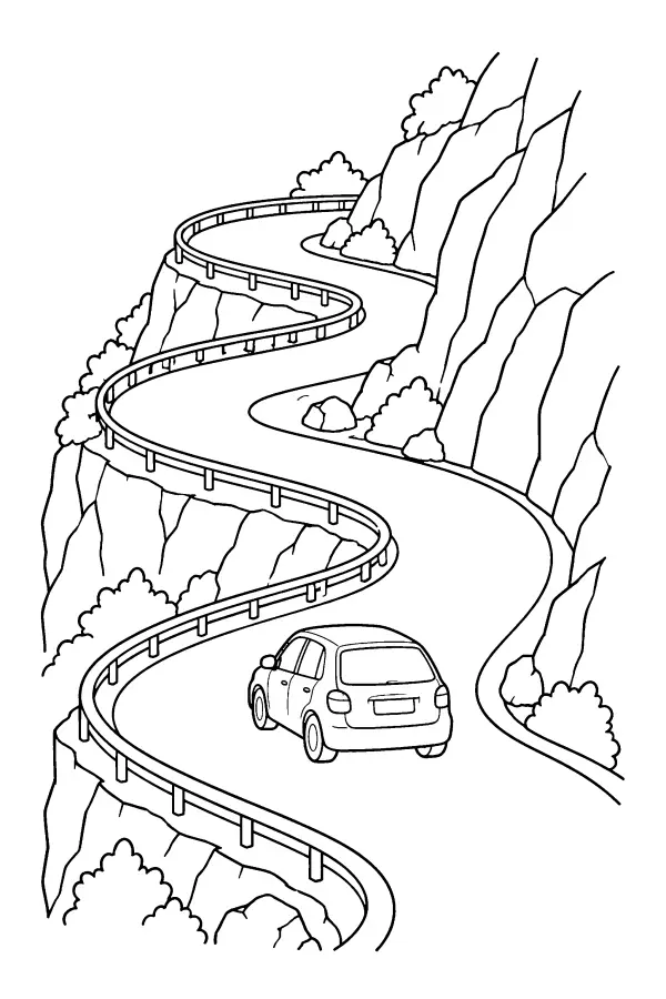 Dessin à colorier d’une voiture sur une route de montagne