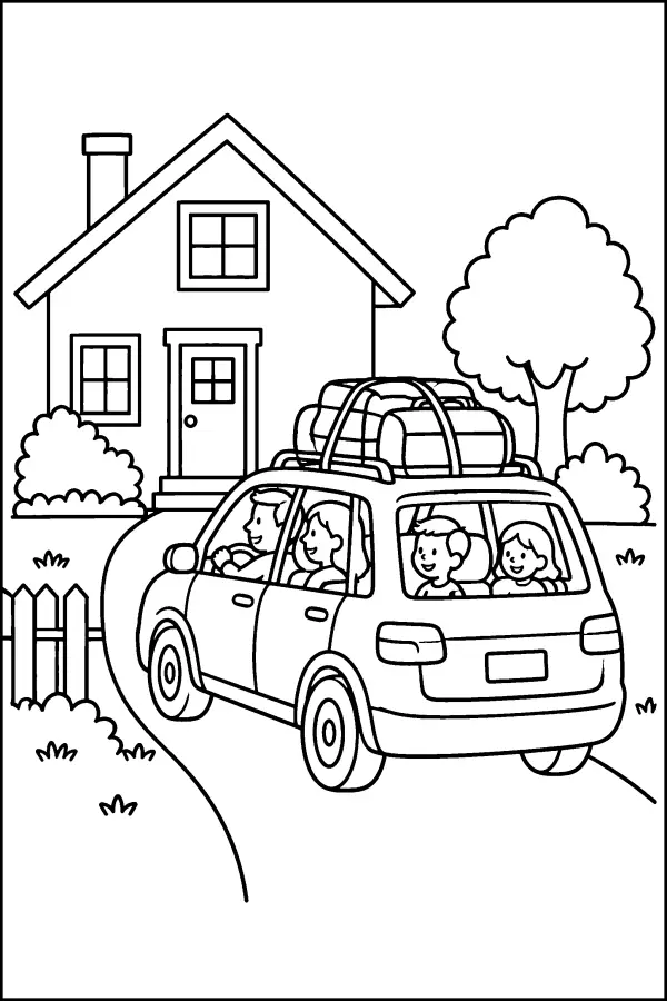 Dessin à colorier d’une voiture de famille avec bagages