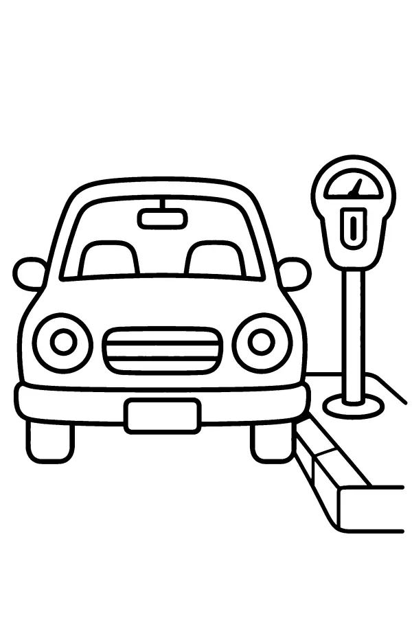 Coloriage d’une voiture garée près d’un parcmètre