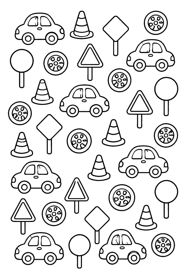 Coloriage motif de voitures cônes et panneaux