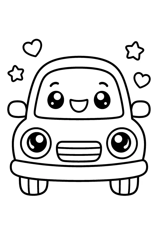 Coloriage d’une voiture kawaii souriante