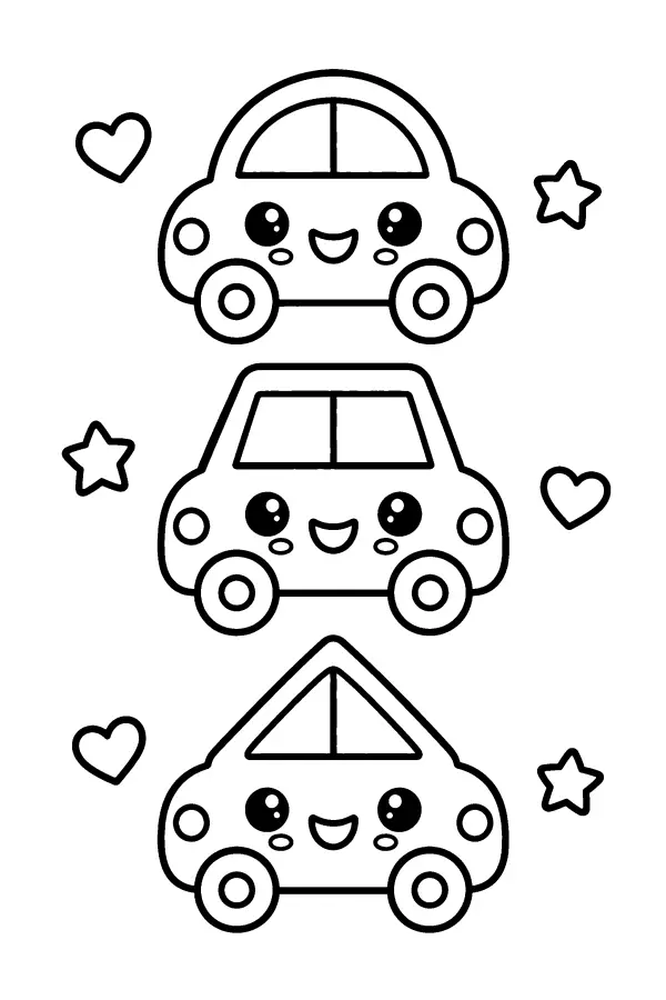 Coloriage de trois voitures souriantes côte à côte