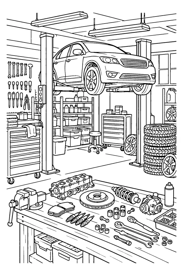 Dessin à colorier d’une voiture dans un atelier