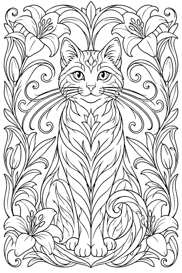 Coloriage détaillé d’un chat parmi des lys art nouveau