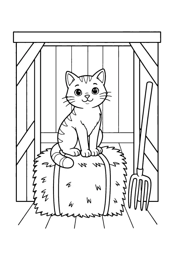 Coloriage d’un chat sur une botte de foin dans une grange
