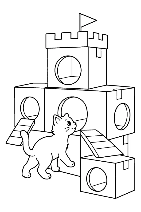 Coloriage d’un chat près d’un château en cartons