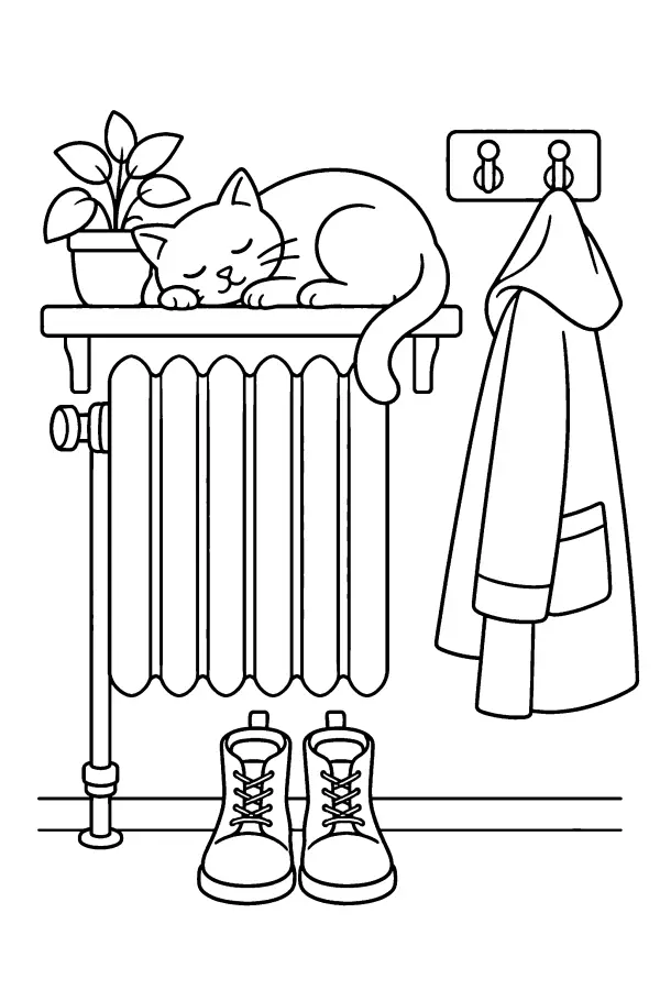 Dessin à colorier d’un chat endormi au-dessus de bottes
