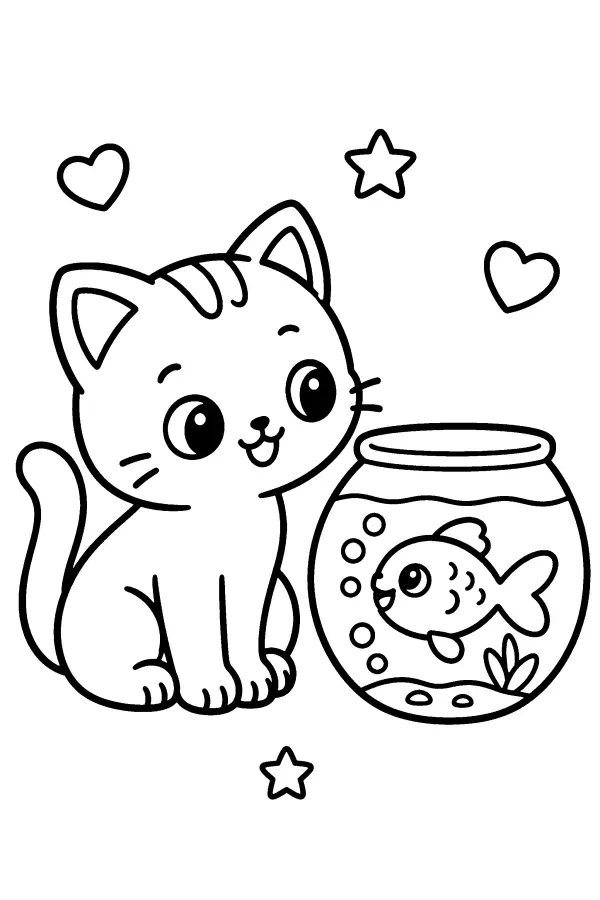 Coloriage facile d’un chat près d’un bocal à poisson