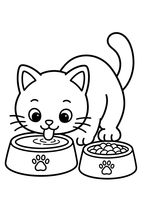 Dessin à colorier d’un chat près de ses gamelles