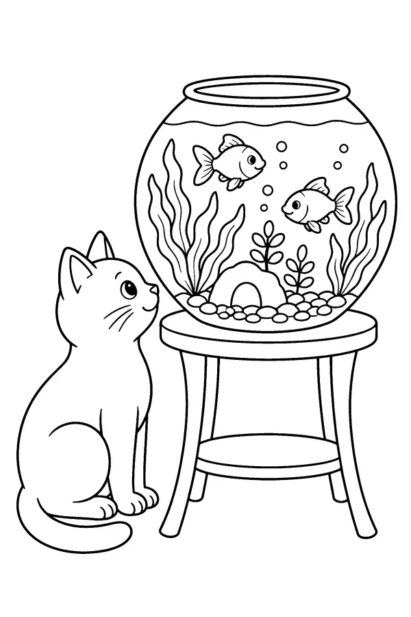 Dessin à colorier d’un chat regardant un aquarium