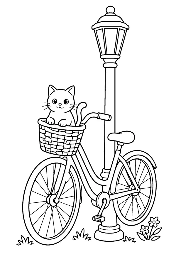 Coloriage d’un chat dans le panier d’un vélo