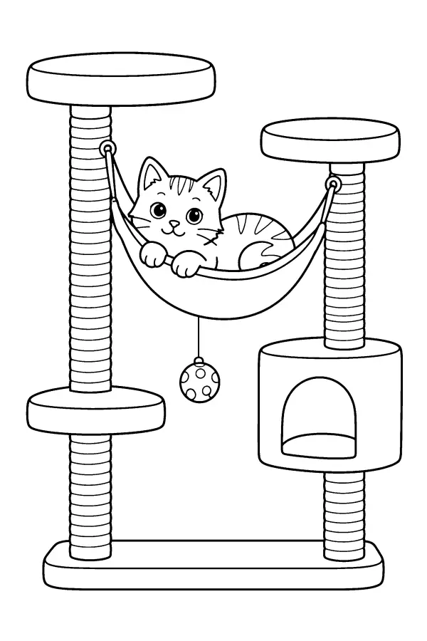 Dessin à colorier d’un chat dans un hamac d’arbre à chat