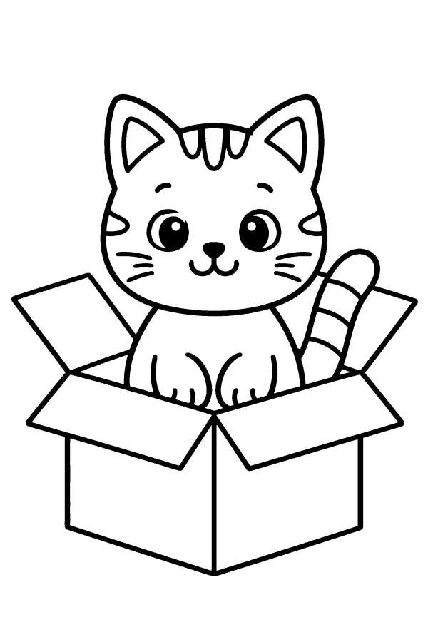 Coloriage d’un chat assis dans un carton ouvert
