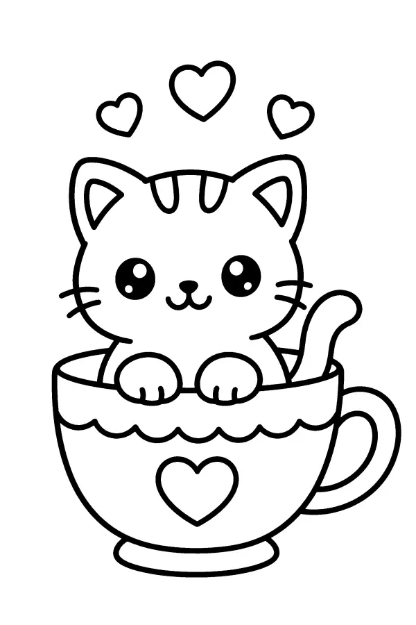 Coloriage d’un chat dans une tasse avec des cœurs