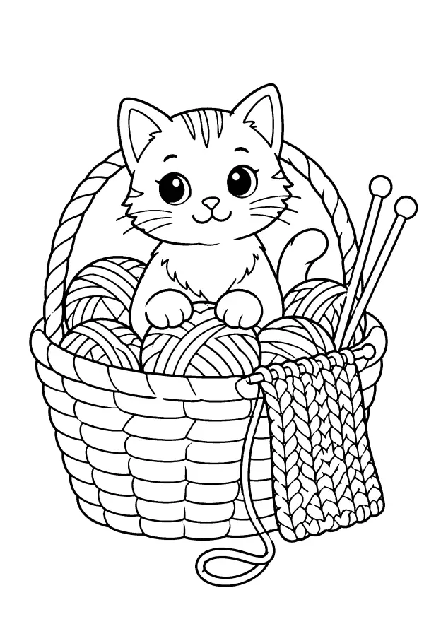 Coloriage d’un chat dans un panier à tricot