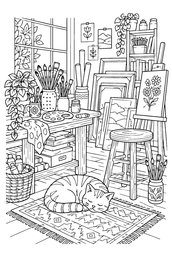 Coloriage détaillé d’un chat endormi dans un atelier