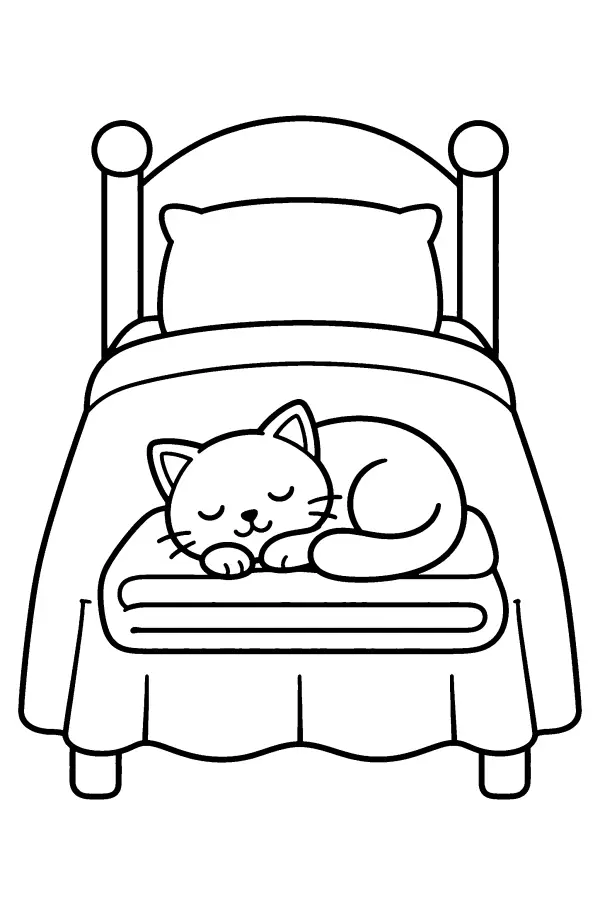 Coloriage facile d’un chat endormi sur un lit