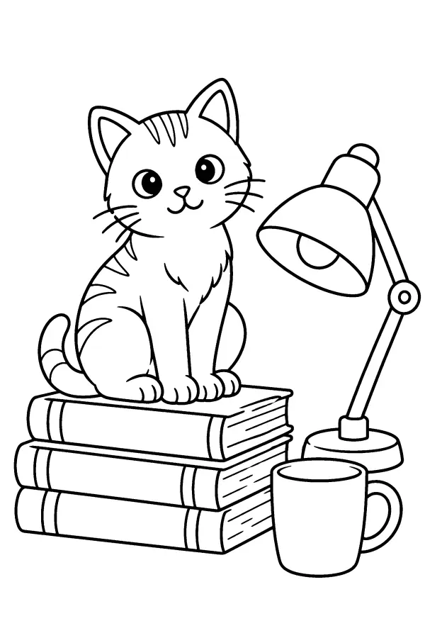 Dessin à colorier d’un chat sur une pile de livres