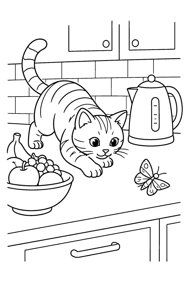 Coloriage d’un chat sur un plan de travail de cuisine