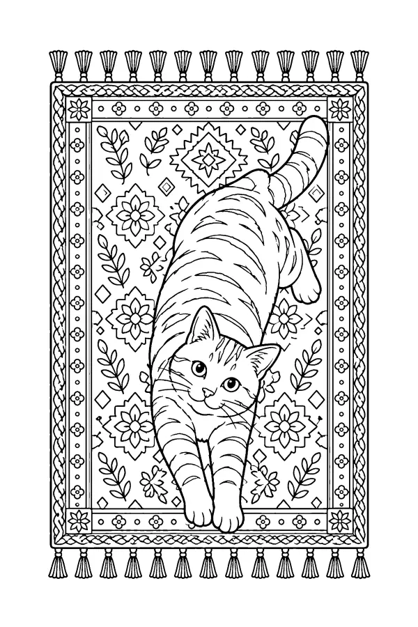 Coloriage détaillé d’un chat allongé sur un tapis à motifs