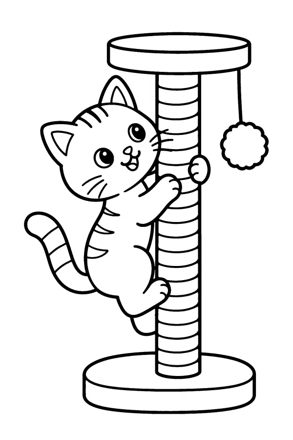 Coloriage d’un chat grimpant sur un griffoir