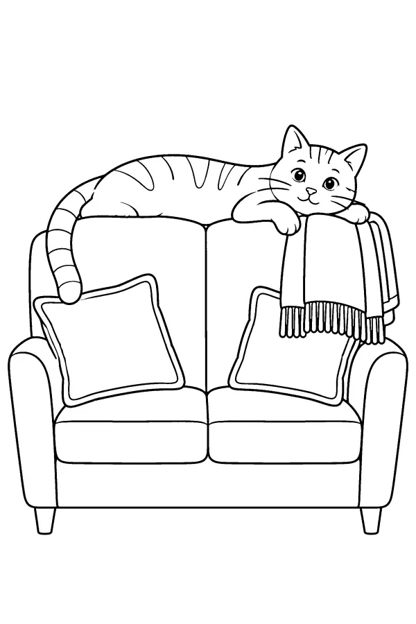 Coloriage d’un chat allongé sur un canapé