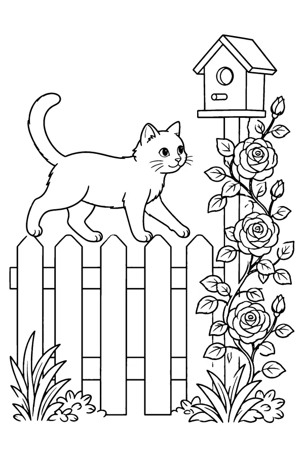 Coloriage d’un chat marchant sur une clôture de jardin