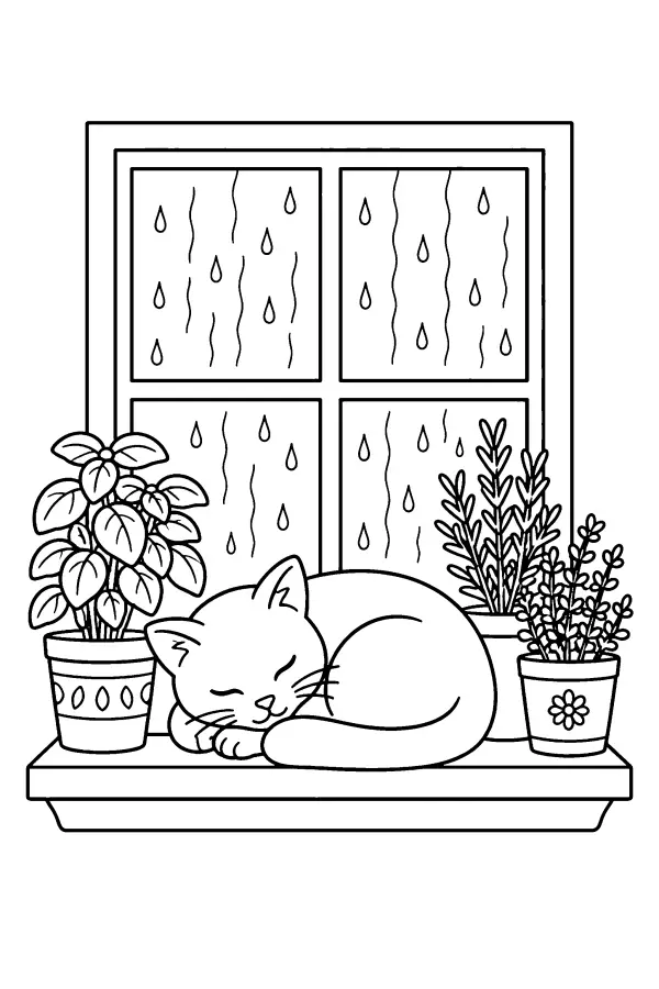 Coloriage d’un chat endormi sur un rebord de fenêtre