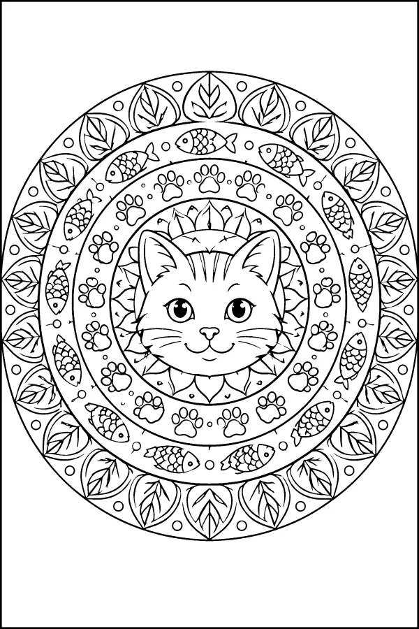 Coloriage détaillé d’un mandala avec tête de chat