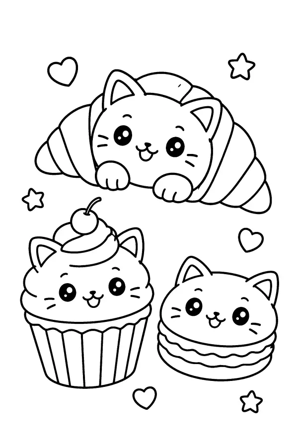 Coloriage de trois chats en forme de pâtisseries sucrées