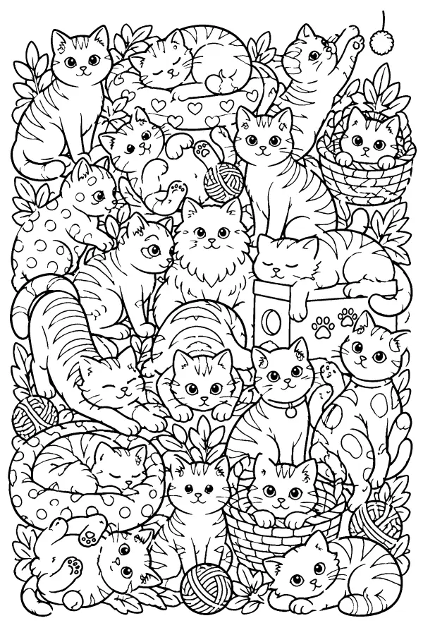 Coloriage détaillé d’un nid rempli de chats